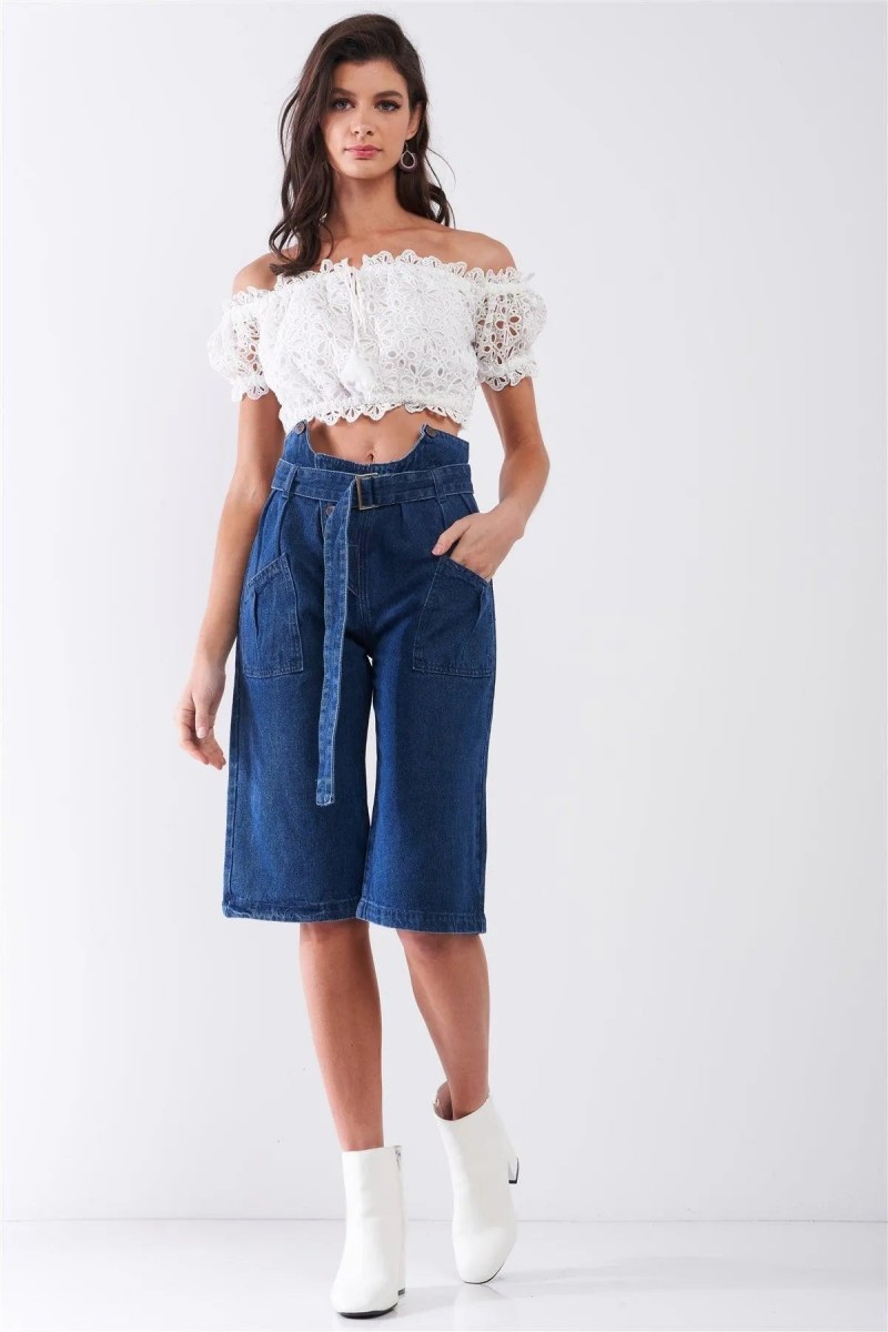 Dark Blue Denim Front Cut-Out High-Waist Buckle Self-Tie Belt Detail Midi Flare Jean Pants