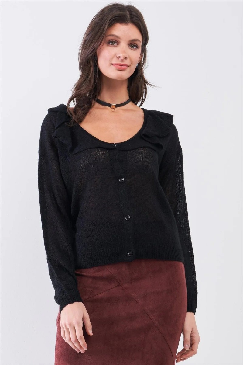 Black Round Neck Bertha Collar Button-Front Cardigan