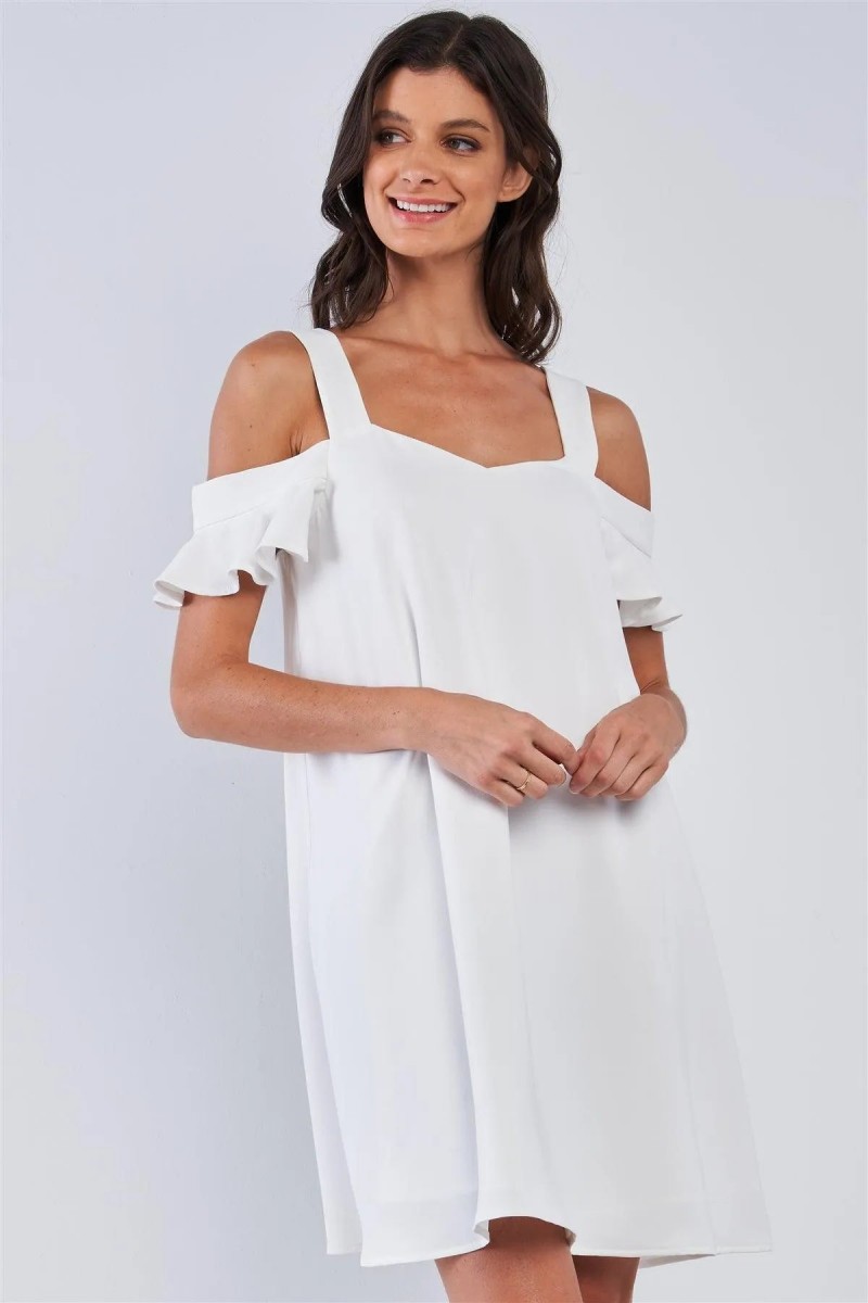 Off-White Relaxed Fit V-Neck Ruffle Sleeve Mini Dress